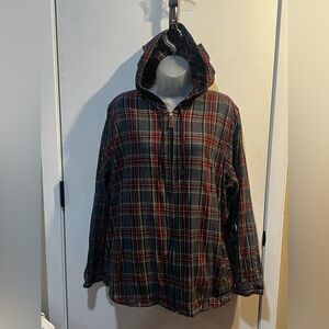L.L. Bean Plaid Hooded Zip Shirt Jacket - Black & Red